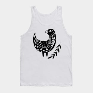 Folk Art Bird with Branch of Leaves in Black Tank Top